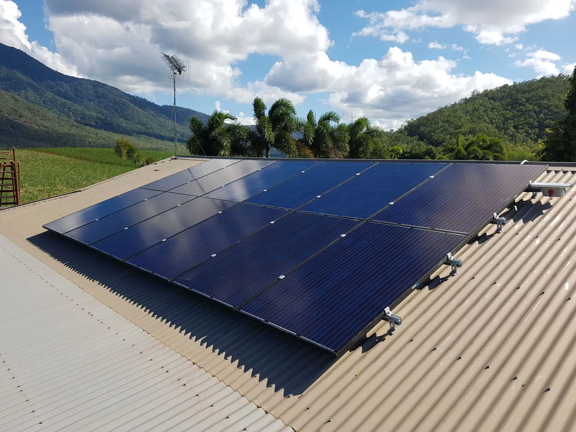 Jinko tier-one solar panels installed on a Townsville tiled roof overlooking cane country