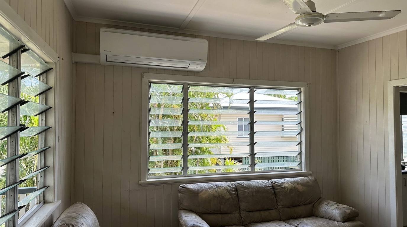 Daikin split-system air conditioner installed by On Point Solar & Electrical in a classic Townsville Queenslander living room with louvre windows and a ceiling fan